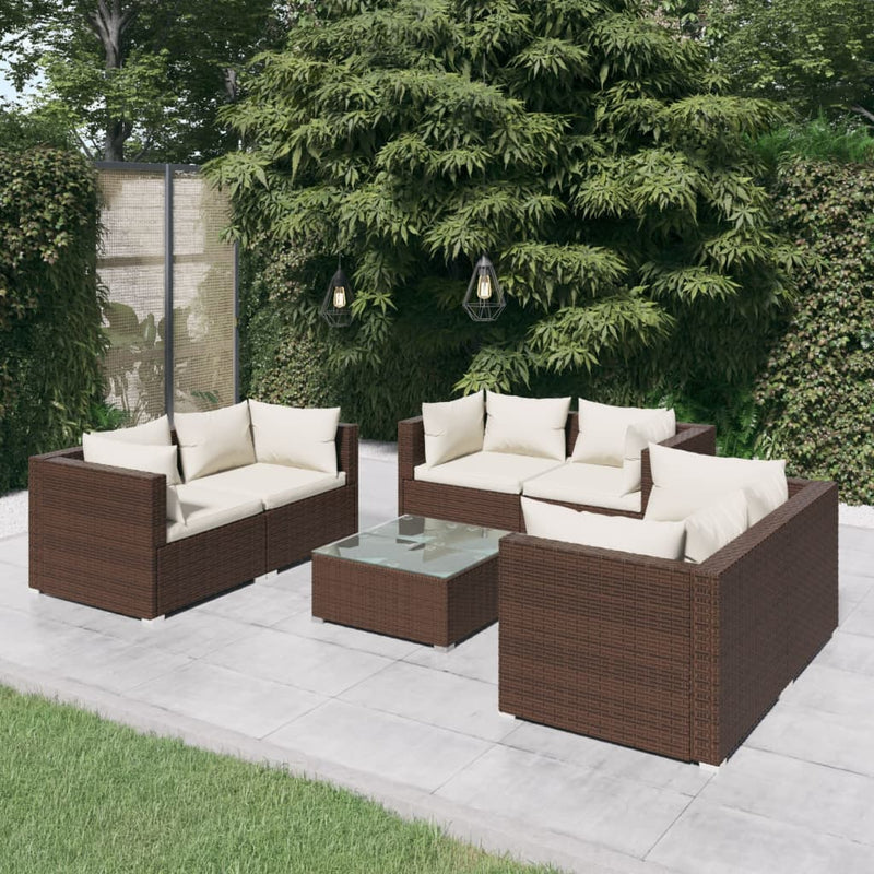 7 Piece Garden Lounge Set with Cushions Poly Rattan Brown