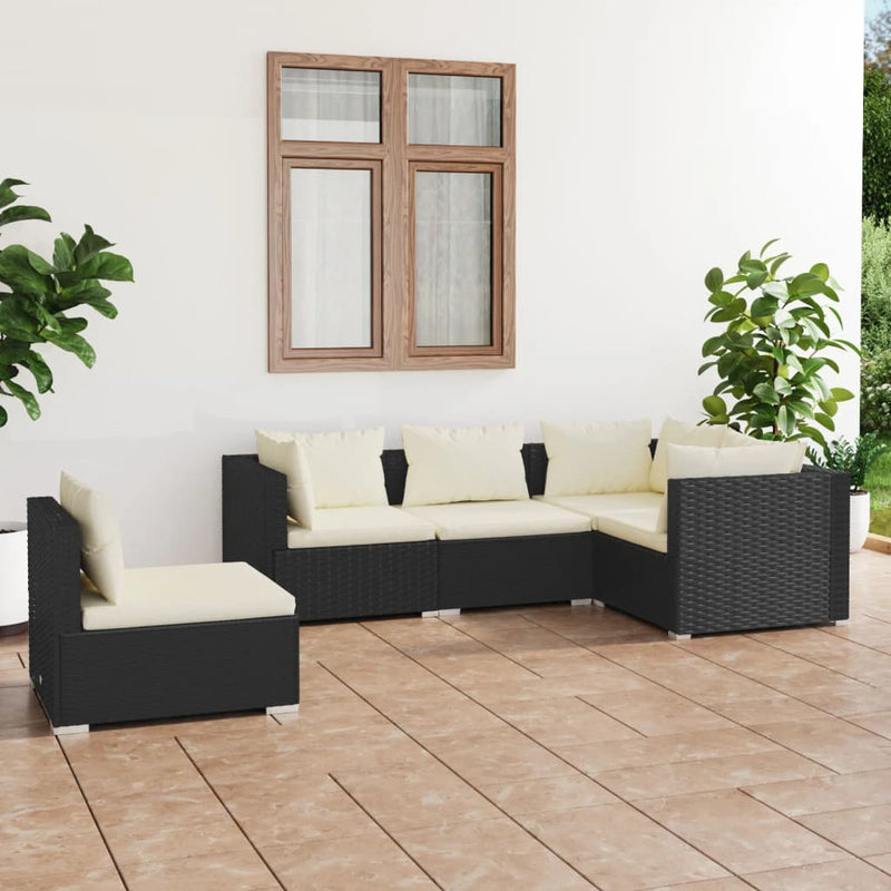 5 Piece Garden Lounge Set with Cushions Poly Rattan Black