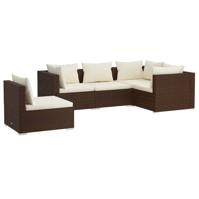 5 Piece Garden Lounge Set with Cushions Poly Rattan Brown