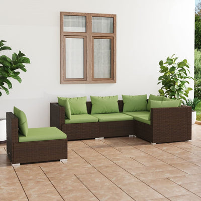 5 Piece Garden Lounge Set with Cushions Poly Rattan Brown