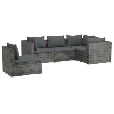 5 Piece Garden Lounge Set with Cushions Poly Rattan Grey