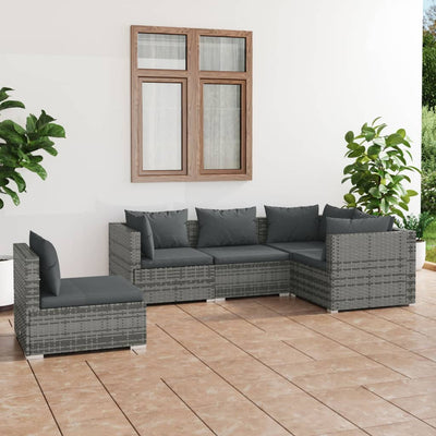 5 Piece Garden Lounge Set with Cushions Poly Rattan Grey