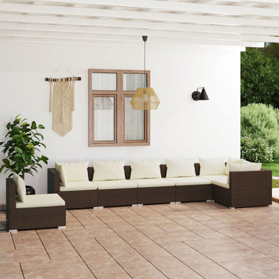 7 Piece Garden Lounge Set with Cushions Poly Rattan Brown