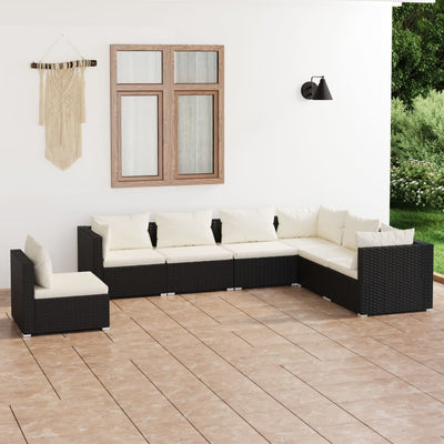 7 Piece Garden Lounge Set with Cushions Poly Rattan Black