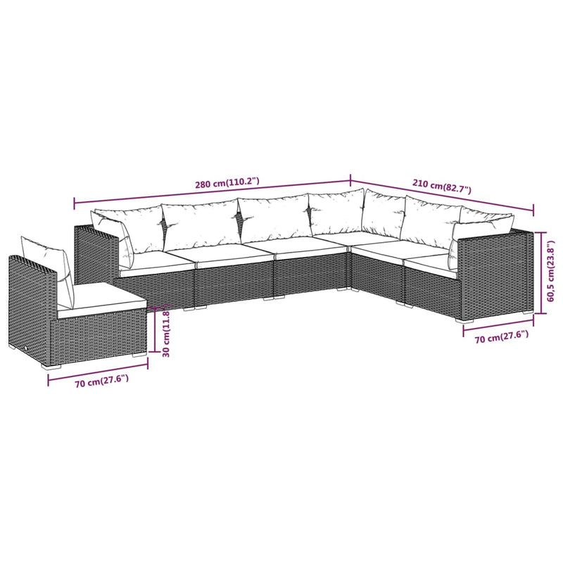 7 Piece Garden Lounge Set with Cushions Poly Rattan Brown