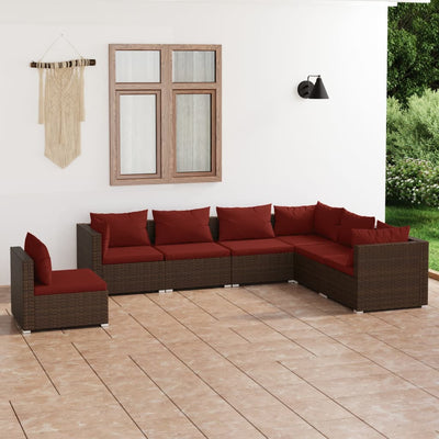 7 Piece Garden Lounge Set with Cushions Poly Rattan Brown