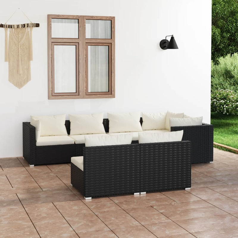 7 Piece Garden Lounge Set with Cushions Black Poly Rattan