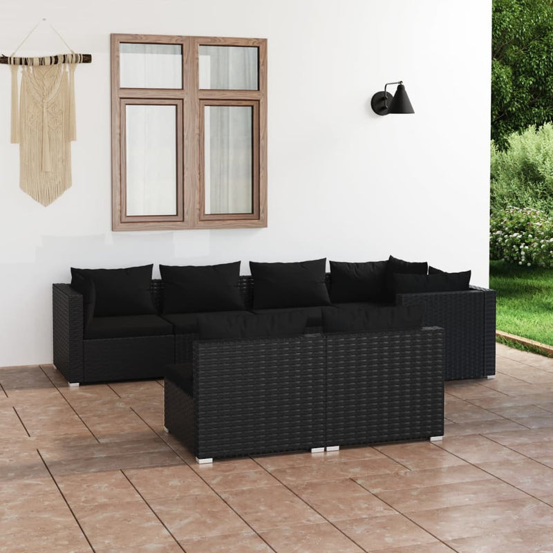 7 Piece Garden Lounge Set with Cushions Black Poly Rattan