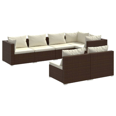 7 Piece Garden Lounge Set with Cushions Brown Poly Rattan