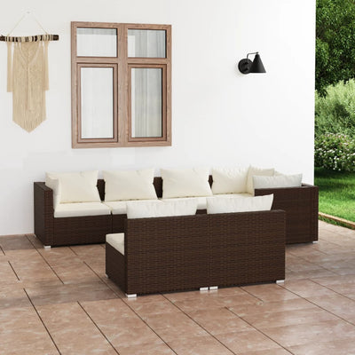 7 Piece Garden Lounge Set with Cushions Brown Poly Rattan