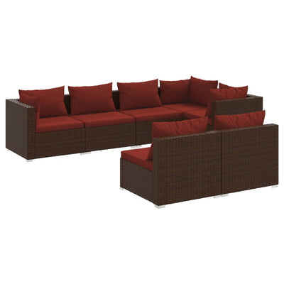 7 Piece Garden Lounge Set with Cushions Brown Poly Rattan