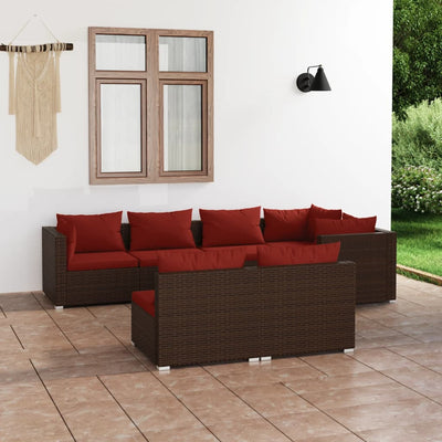 7 Piece Garden Lounge Set with Cushions Brown Poly Rattan