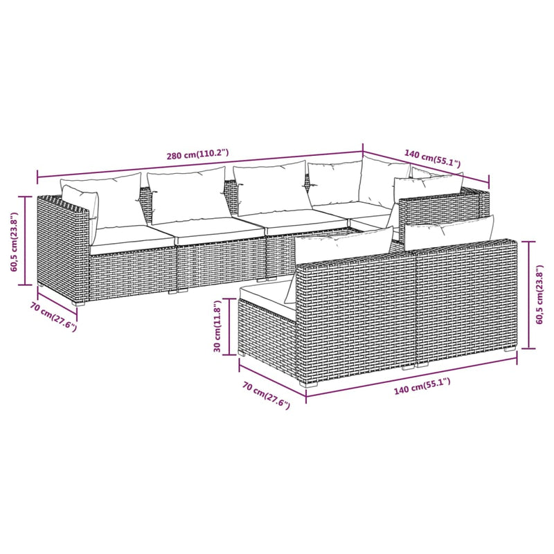 7 Piece Garden Lounge Set with Cushions Grey Poly Rattan