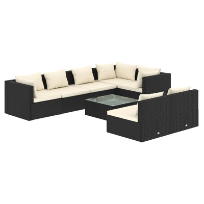 8 Piece Garden Lounge Set with Cushions Black Poly Rattan