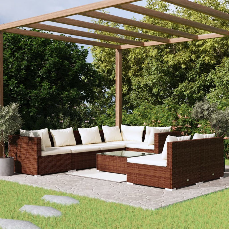 8 Piece Garden Lounge Set with Cushions Brown Poly Rattan