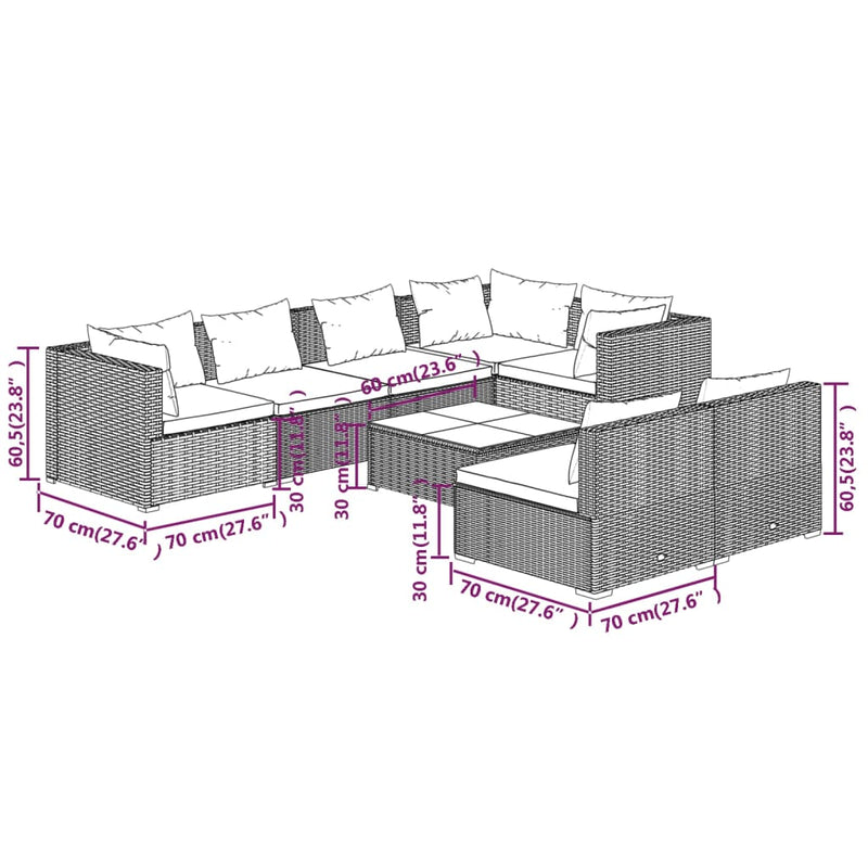 8 Piece Garden Lounge Set with Cushions Grey Poly Rattan