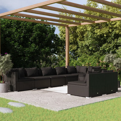 8 Piece Garden Lounge Set with Cushions Black Poly Rattan