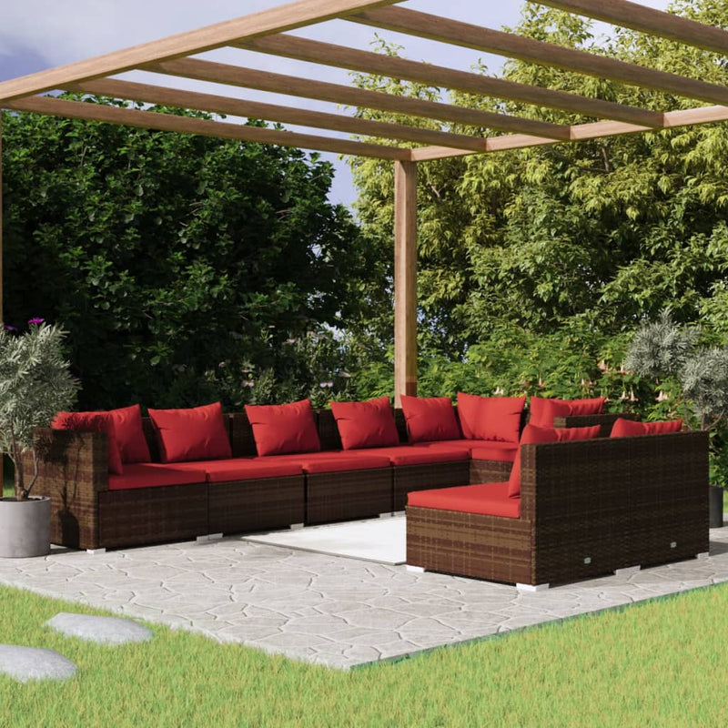 8 Piece Garden Lounge Set with Cushions Brown Poly Rattan