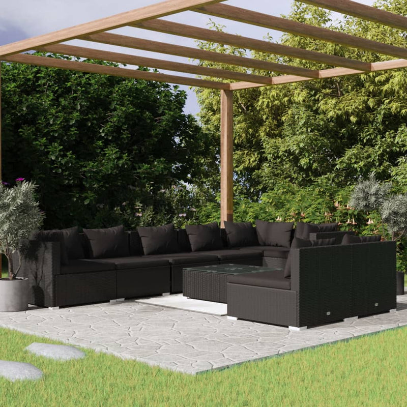 9 Piece Garden Lounge Set with Cushions Black Poly Rattan