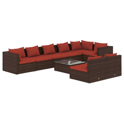 9 Piece Garden Lounge Set with Cushions Brown Poly Rattan