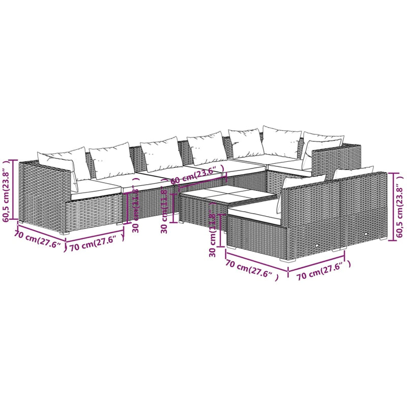 9 Piece Garden Lounge Set with Cushions Grey Poly Rattan