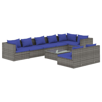 9 Piece Garden Lounge Set with Cushions Grey Poly Rattan