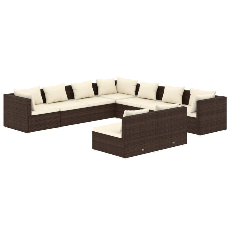 9 Piece Garden Lounge Set with Cushions Brown Poly Rattan