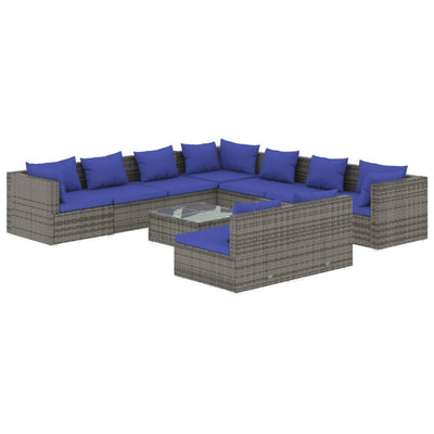 10 Piece Garden Lounge Set with Cushions Grey Poly Rattan