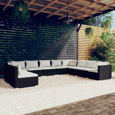 10 Piece Garden Lounge Set with Cushions Black Poly Rattan