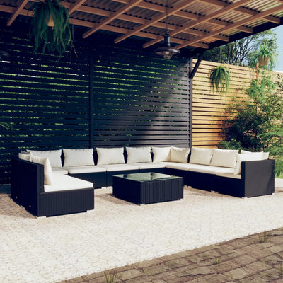 11 Piece Garden Lounge Set with Cushions Black Poly Rattan