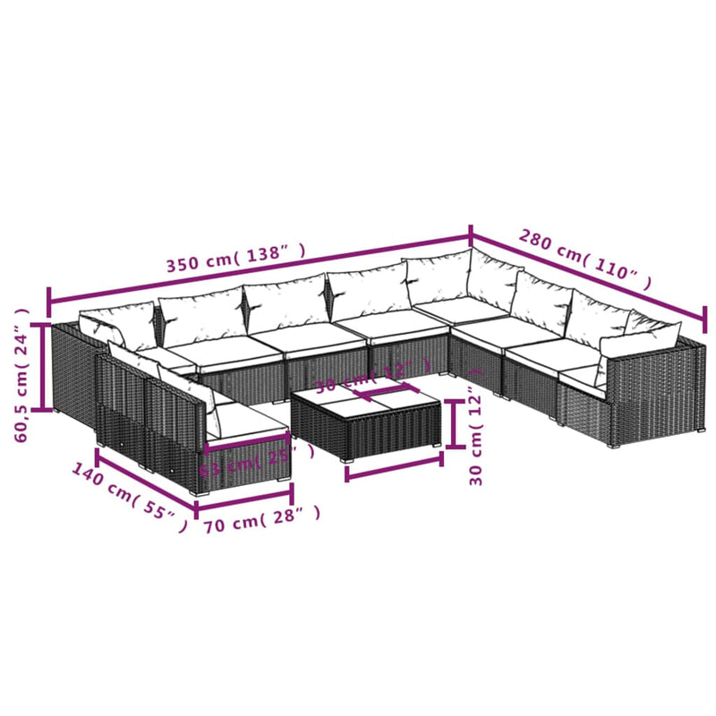 11 Piece Garden Lounge Set with Cushions Brown Poly Rattan