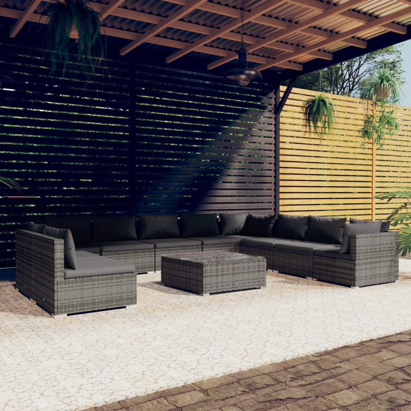 11 Piece Garden Lounge Set with Cushions Grey Poly Rattan