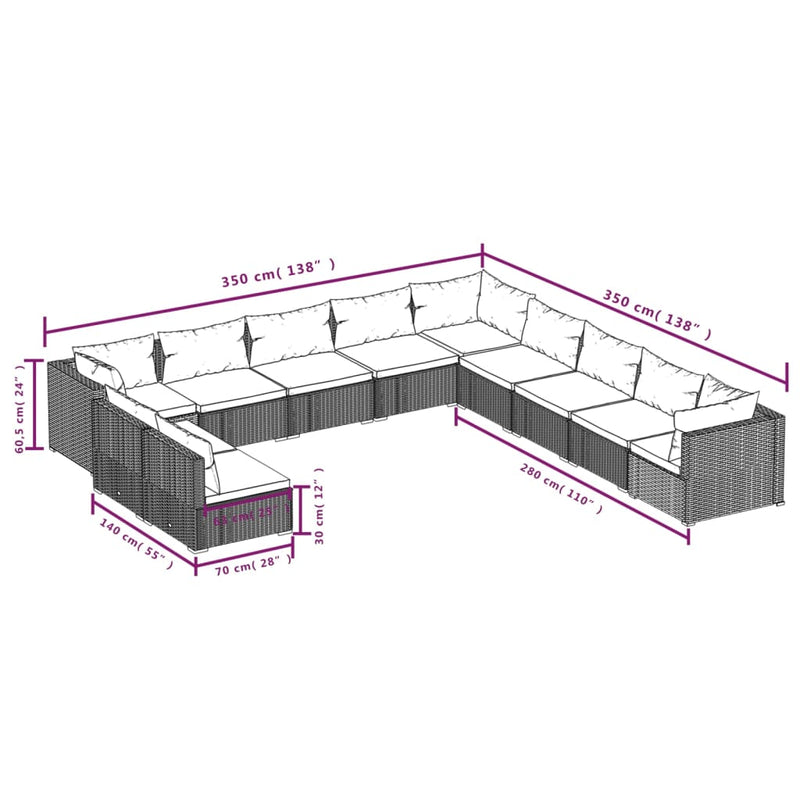 11 Piece Garden Lounge Set with Cushions Grey Poly Rattan