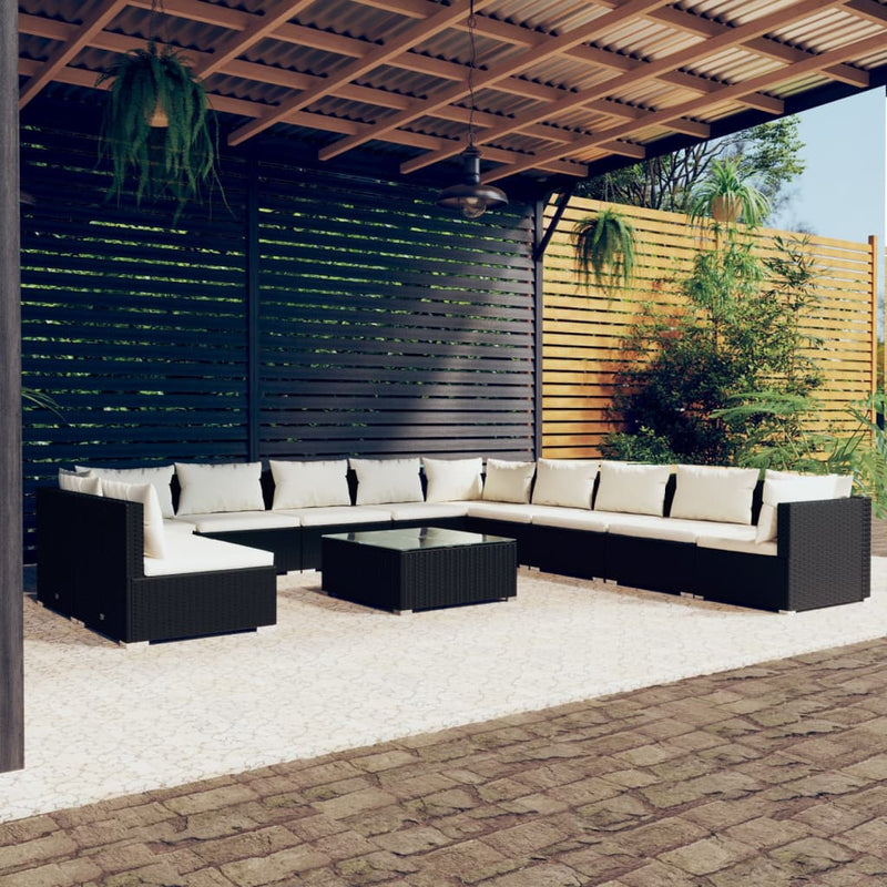 12 Piece Garden Lounge Set with Cushions Black Poly Rattan