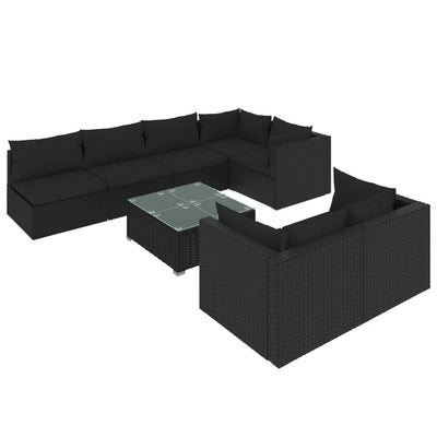 8 Piece Garden Lounge Set with Cushions Black Poly Rattan