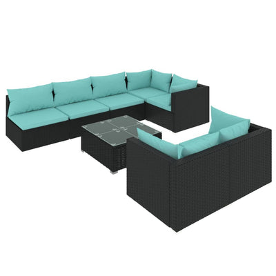 8 Piece Garden Lounge Set with Cushions Black Poly Rattan