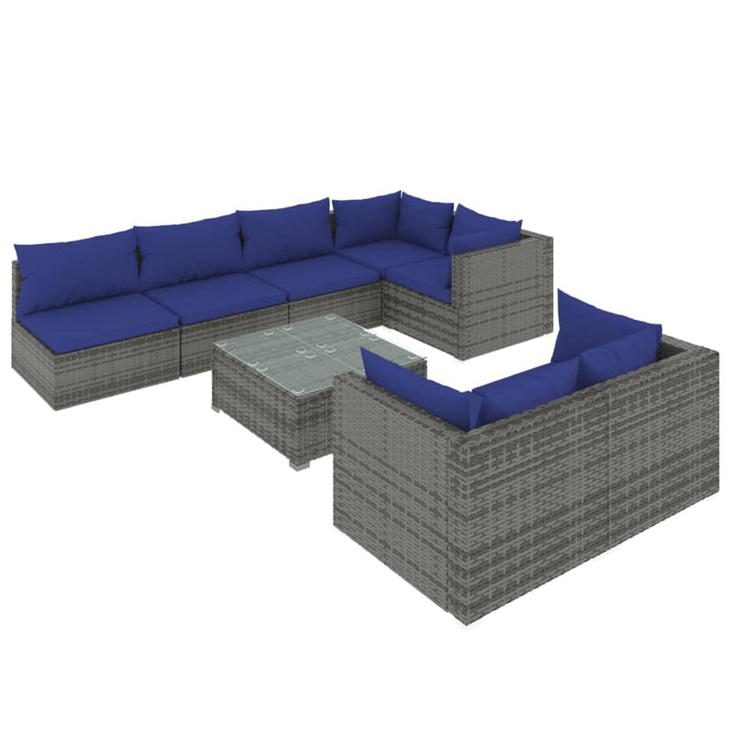 8 Piece Garden Lounge Set with Cushions Grey Poly Rattan