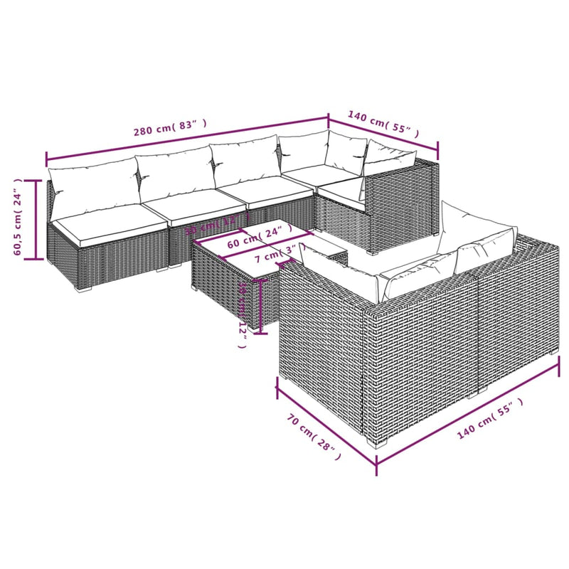 8 Piece Garden Lounge Set with Cushions Grey Poly Rattan