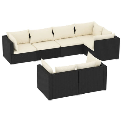 7 Piece Garden Lounge Set with Cushions Black Poly Rattan