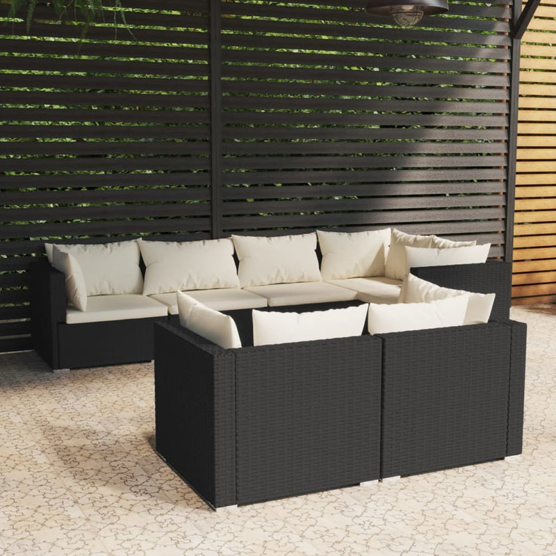 7 Piece Garden Lounge Set with Cushions Black Poly Rattan