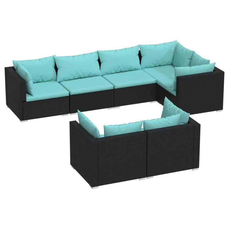 7 Piece Garden Lounge Set with Cushions Black Poly Rattan