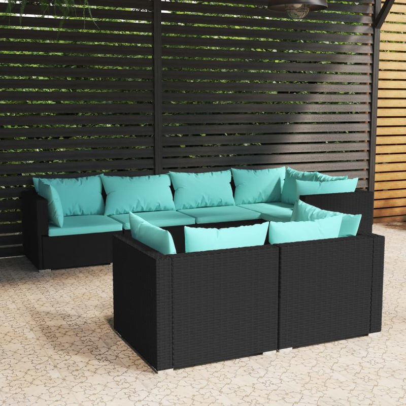 7 Piece Garden Lounge Set with Cushions Black Poly Rattan