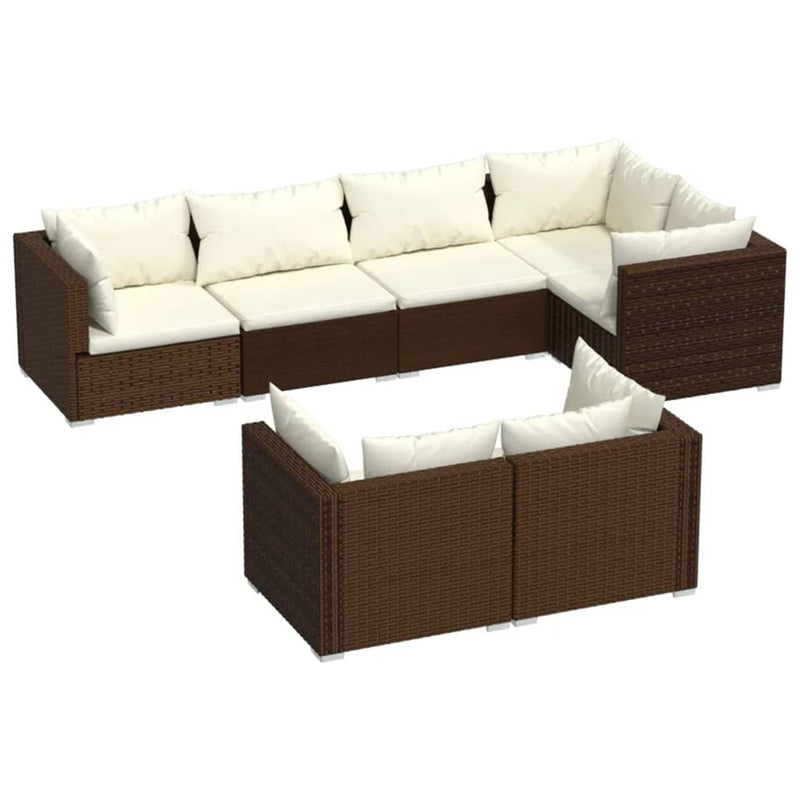 7 Piece Garden Lounge Set with Cushions Brown Poly Rattan