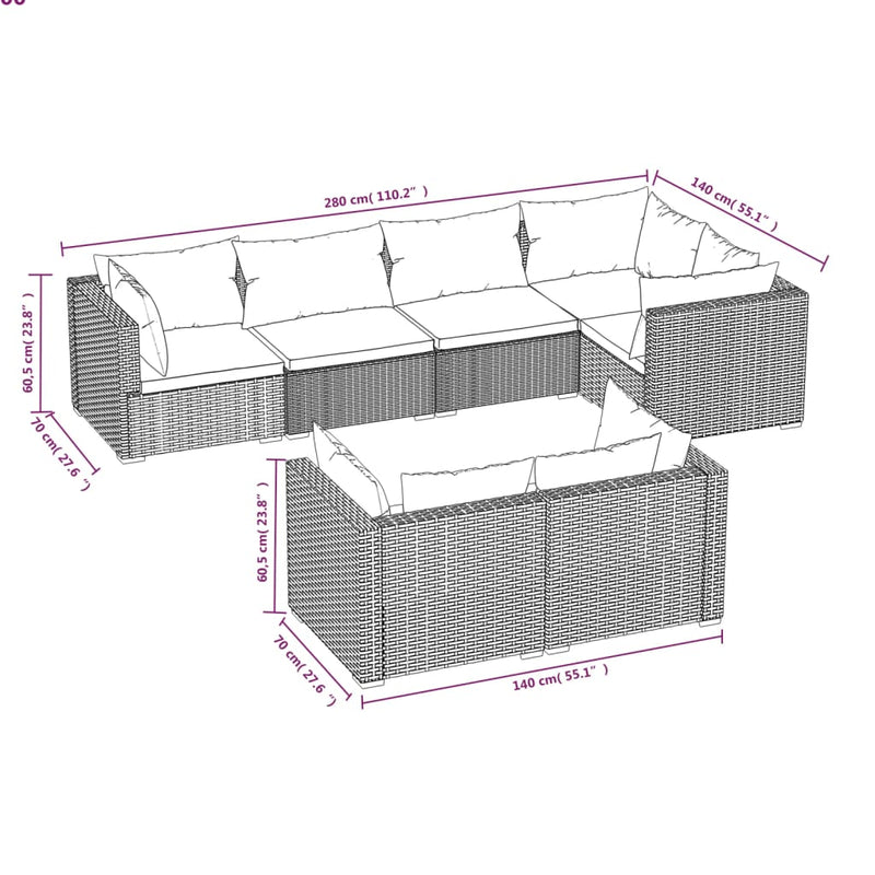 7 Piece Garden Lounge Set with Cushions Brown Poly Rattan