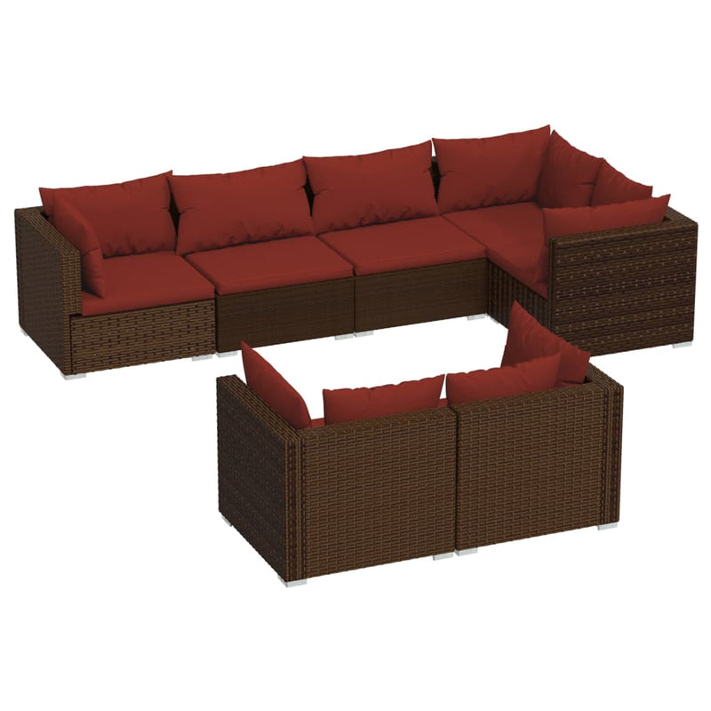 7 Piece Garden Lounge Set with Cushions Brown Poly Rattan