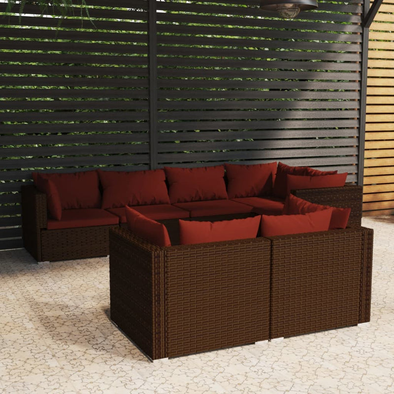 7 Piece Garden Lounge Set with Cushions Brown Poly Rattan