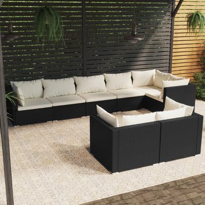 8 Piece Garden Lounge Set with Cushions Black Poly Rattan