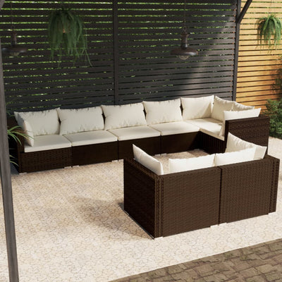 8 Piece Garden Lounge Set with Cushions Brown Poly Rattan