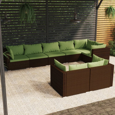 8 Piece Garden Lounge Set with Cushions Brown Poly Rattan