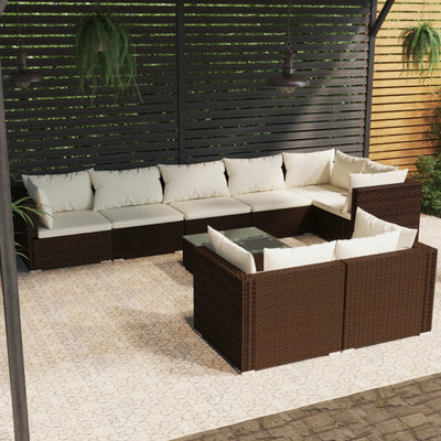 9 Piece Garden Lounge Set with Cushions Brown Poly Rattan